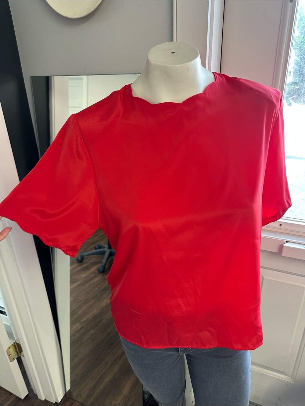Unique Vintage Red Satin Short-Sleeve Blouse